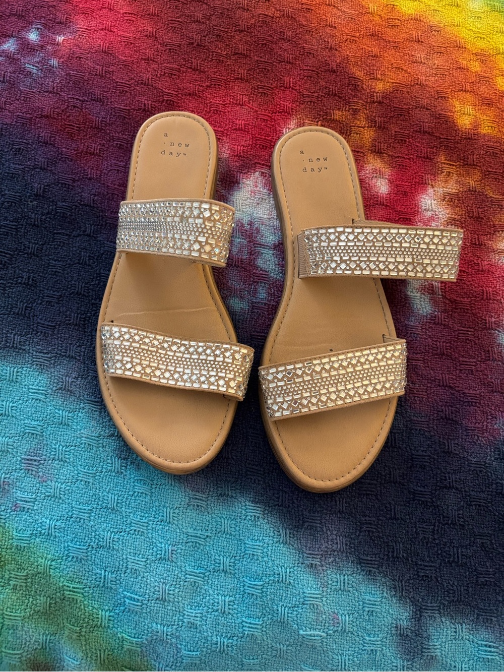 a new day Tan Slide Sandals with Sparkling Rhinestone Straps